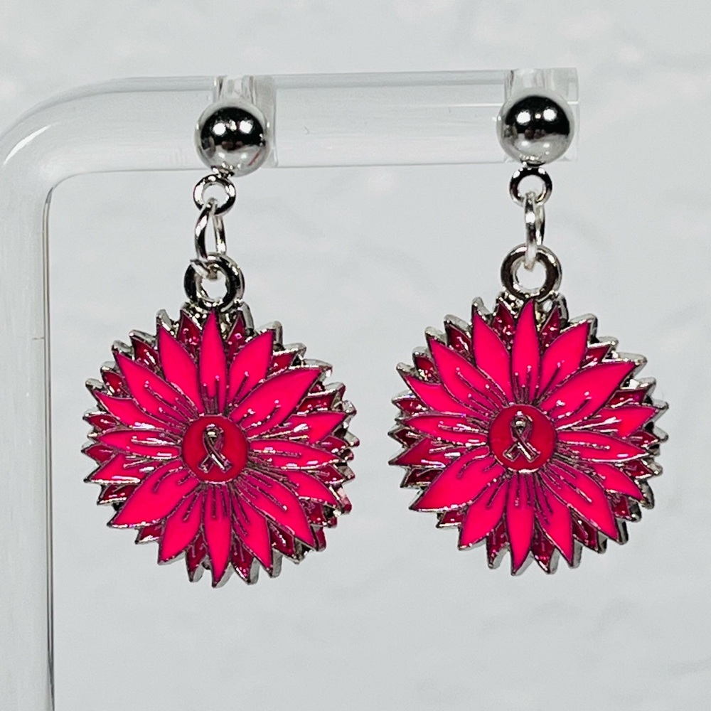 4/$20 Pink Flower Awareness Post Dangle Earrings